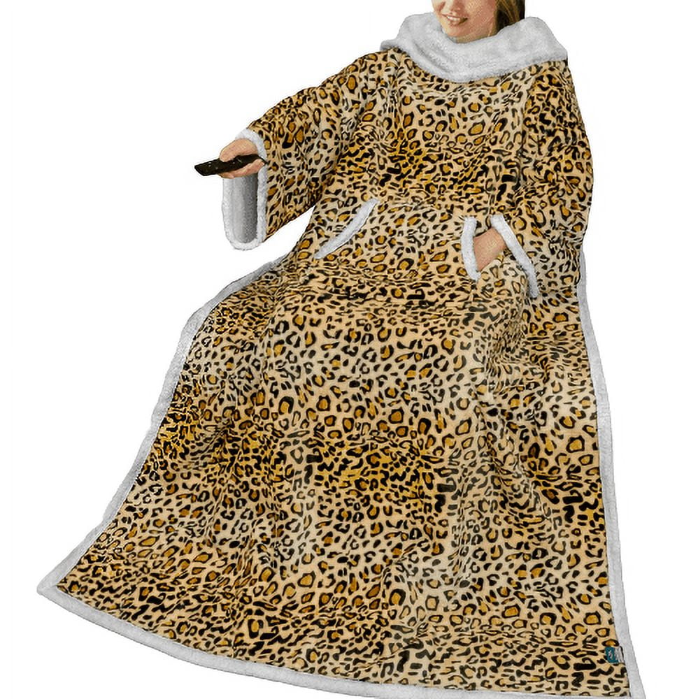 PAVILIA Wearable Blanket with Sleeves and Foot Pockets, Fleece Warm Snuggle Pocket Sleeved Throw for Women Men Adults, Cheetah/Faux Shearling