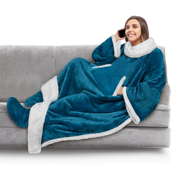 PAVILIA Sherpa Blanket with Sleeves, Foot Pocket for Women Men Adults, Thick Wearable Blanket Throw Wrap, Fleece Warm Snuggle Blanket Robe, Cozy Gift Ideas Wife Mom, Teal Blue