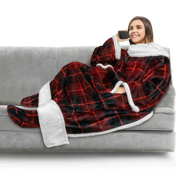 PAVILIA Sherpa Blanket with Sleeves, Foot Pocket for Women Men Adults, Thick Wearable Blanket Throw Wrap, Fleece Warm Snuggle Blanket Robe, Cozy Gift Ideas Wife Mom, Plaid Red