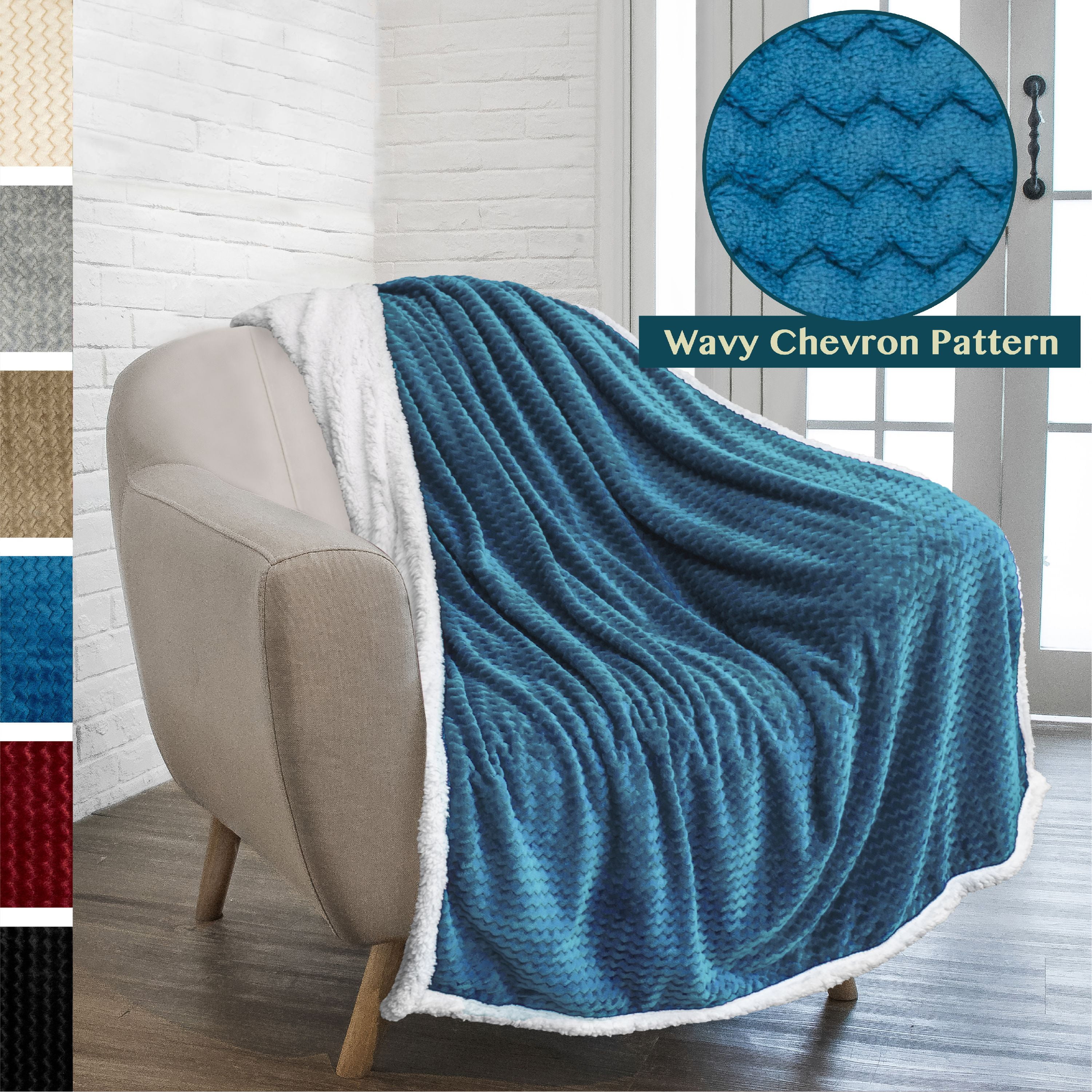 Reversible Teal Blue Sherpa Fleece Throw Blanket