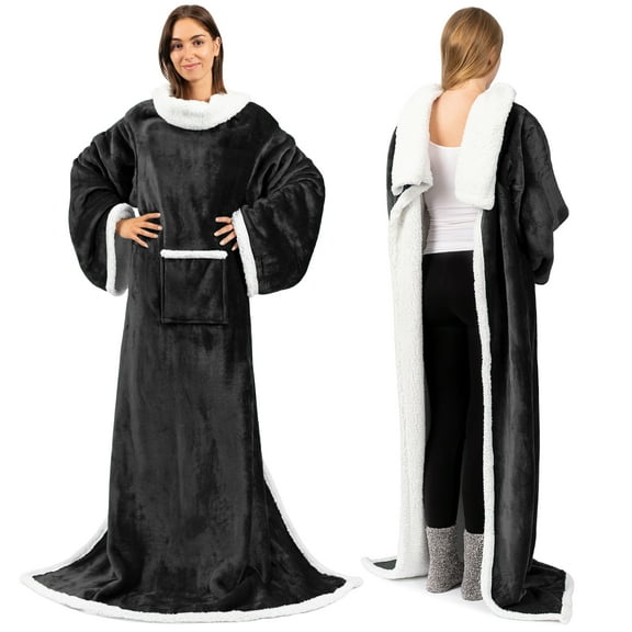 PAVILIA Sherpa Fleece Blanket with Sleeves for Women Men Adult, Wearable Blanket Warm Soft Plush Thick, Snuggle Pocket Sleeved TV Throw Wrap, Cozy Christmas Gifts Ideas Mom Wife, Black