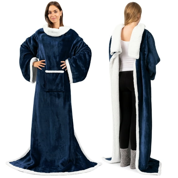 PAVILIA Sherpa Fleece Blanket with Sleeves Women Men Adult, Wearable Blanket Warm Soft Plush Thick, Snuggle Pocket Sleeved TV Throw Wrap, Cozy Christmas Gifts Ideas Mom Wife, Navy Blue