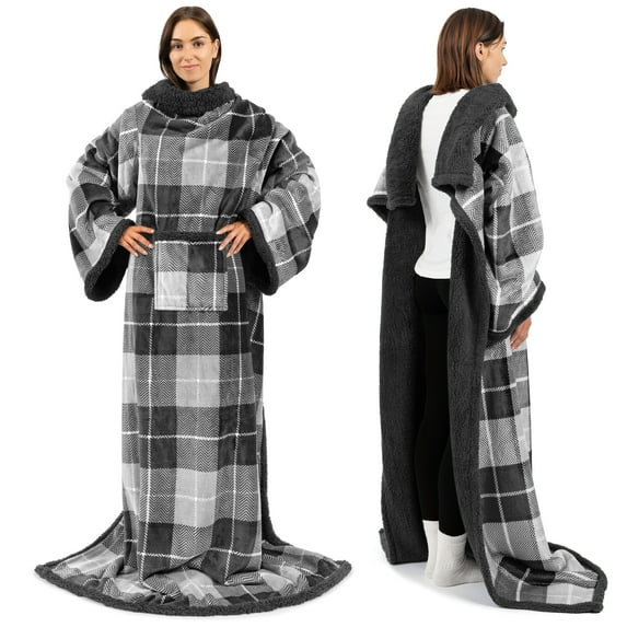 PAVILIA Sherpa Fleece Blanket with Sleeves Women Men Adult, Wearable Blanket Warm Soft Plush Thick, Snuggle Pocket Sleeved TV Throw Wrap, Cozy Ideas Mom Wife, Plaid Gray
