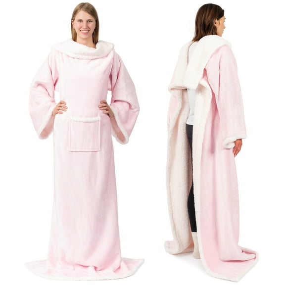 PAVILIA Sherpa Fleece Blanket with Sleeves Women Men Adult, Wearable Blanket Warm Soft Plush Thick, Snuggle Pocket Sleeved TV Throw Wrap, Cozy Ideas Mom Wife, Light Pink