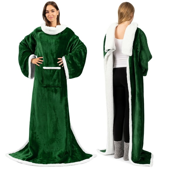 PAVILIA Sherpa Fleece Blanket with Sleeves Women Men Adult, Wearable Blanket Warm Soft Plush Thick, Snuggle Pocket Sleeved TV Throw Wrap, Cozy Ideas Mom Wife, Dark Green