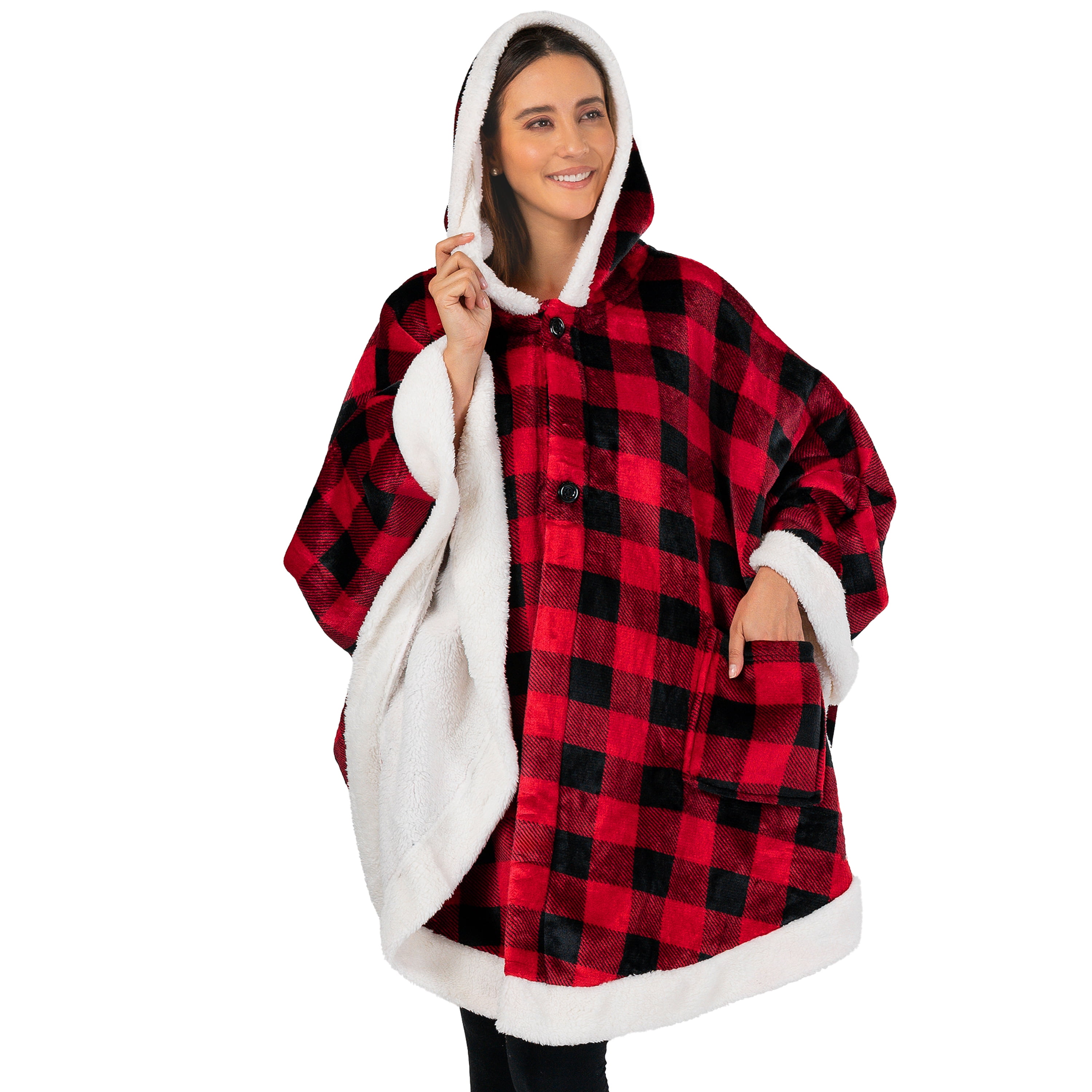 PAVILIA Sherpa Fleece Wearable Blanket for Adult Women, Cozy Plush Blanket Poncho Cape with Hood, Super Soft Shawl, Angel Wrap Throw for Office, Black and Red Buffalo Plaid Checkered