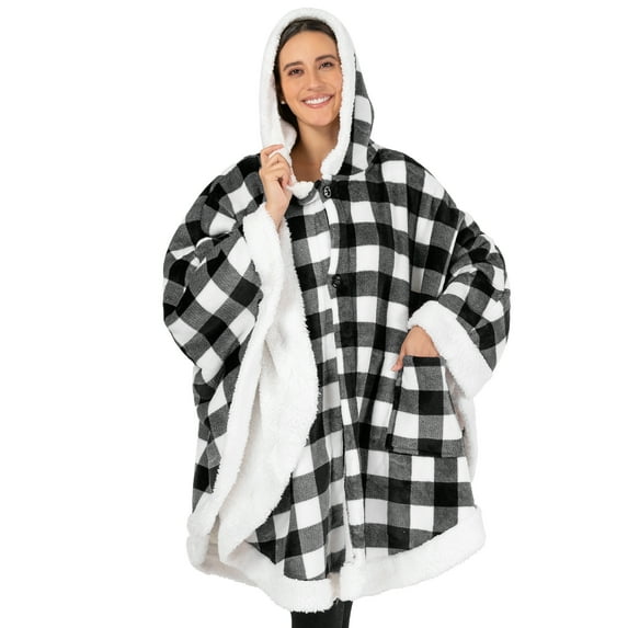 PAVILIA Sherpa Fleece Wearable Blanket for Adult Women, Cozy Plush Blanket Poncho Cape with Hood, Super Soft Shawl, Angel Wrap Throw for Office, Black and White Buffalo Plaid Checkered