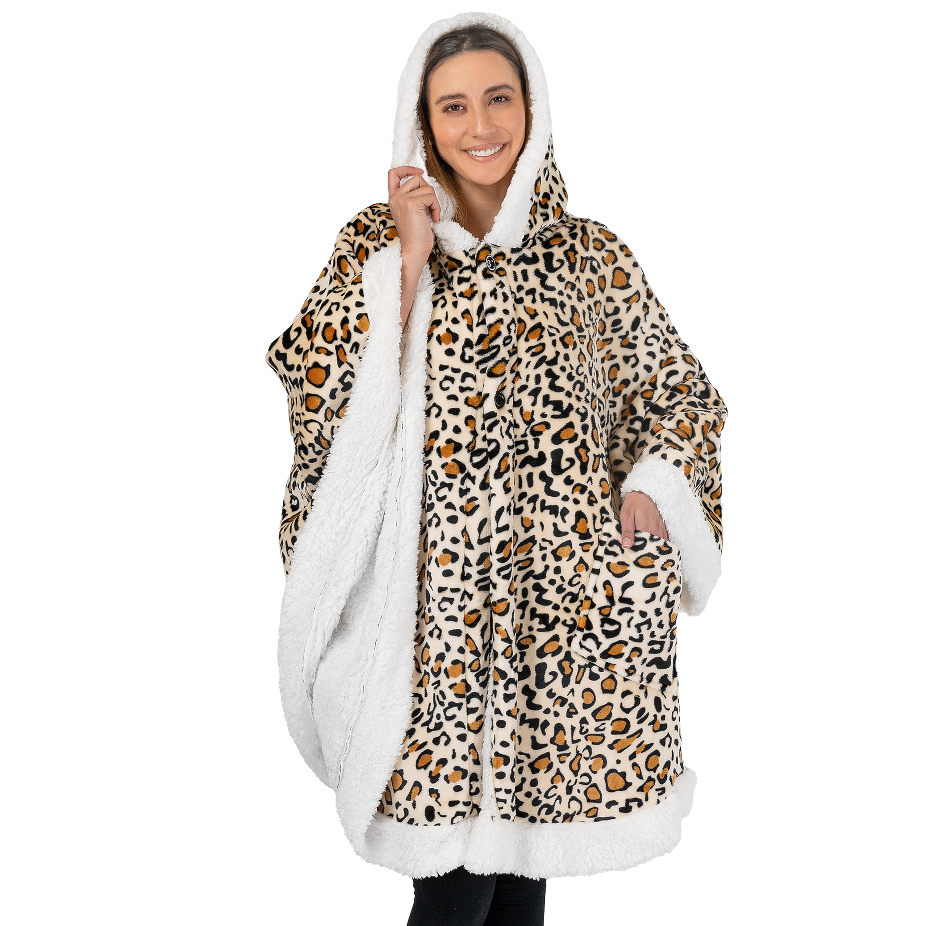 PAVILIA Sherpa Fleece Wearable Blanket for Adult Women, Cozy Plush Blanket Poncho Cape with Hood, Super Soft Shawl, Angel Wrap Throw for Office, Cheetah Yellow