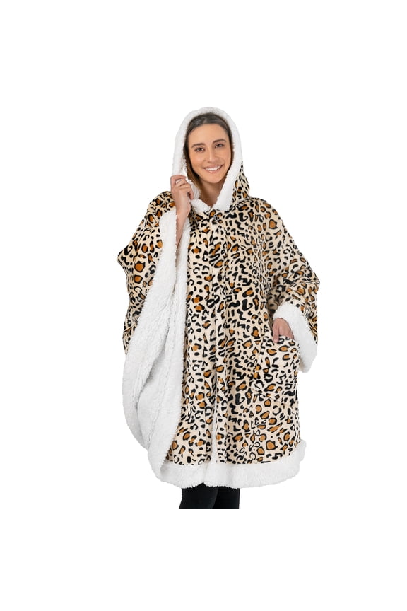 Sherpa Fleece Wearable Blanket for Adult Women, Cozy Plush Blanket Poncho Cape with Hood, Super Soft Shawl, Angel Wrap Throw for Office, Cheetah Yellow