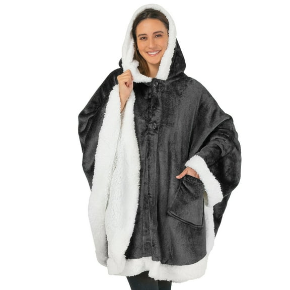 PAVILIA Sherpa Fleece Wearable Blanket for Adult Women, Cozy Plush Blanket Poncho Cape with Hood, Super Soft Shawl, Angel Wrap Throw for Office, Dark Gray