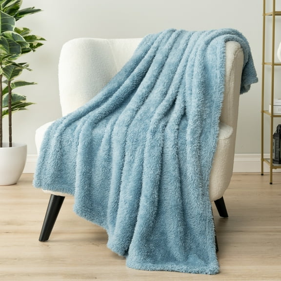 PAVILIA Sherpa Throw Blanket For Couch Sofa, Dusty Slate Blue Fluffy Warm Plush Blanket for Bed, Cozy Super Soft Lightweight Throw, Fuzzy Decorative Blanket, All Season Home, 50x60
