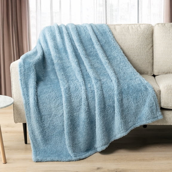 PAVILIA Sherpa Throw Blanket For Couch Sofa, Dusty Slate Blue Fluffy Warm Plush Blanket for Twin Bed, Cozy Super Soft Lightweight Throw, Fuzzy Decorative Blanket, All Season Home, 60x80
