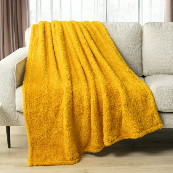 PAVILIA Sherpa Throw Blanket For Couch Sofa, Mustard Yellow Fluffy Warm Plush Blanket for Twin Bed, Cozy Super Soft Lightweight Throw, Fuzzy Decorative Blanket, All Season Home, 60x80