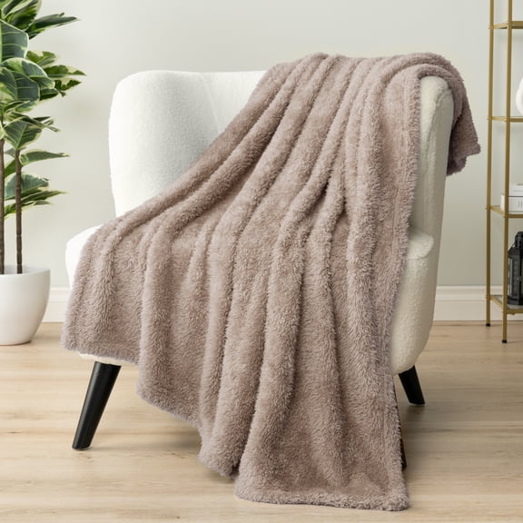 PAVILIA Sherpa Throw Blanket For Couch Sofa, Taupe Tan Fluffy Warm Plush Blanket for Bed, Cozy Super Soft Lightweight Throw, Fuzzy Decorative Blanket, All Season Home, 50x60