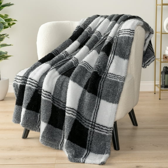 PAVILIA Sherpa Throw Blanket For Couch Sofa, White Black Fluffy Warm Plush Blanket for Bed, Cozy Super Soft Lightweight Throw, Fuzzy Decorative Blanket, All Season Home, 50x60