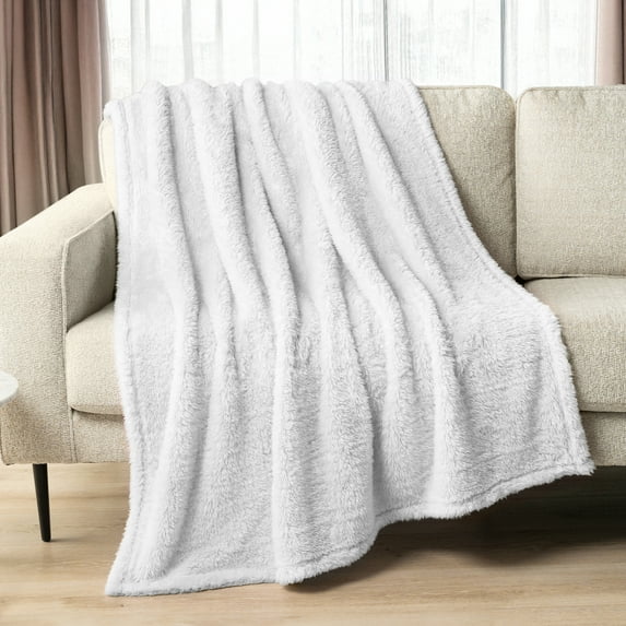 PAVILIA Sherpa Throw Blanket For Couch Sofa, White Fluffy Warm Plush Blanket for Twin Bed, Cozy Super Soft Lightweight Throw, Fuzzy Decorative Blanket, All Season Home, 60x80