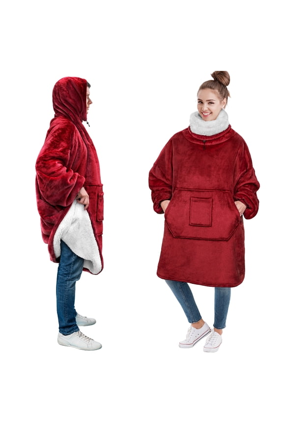 Sherpa Wearable Blanket Hoodie Women Men, Oversized Hoodie Sweatshirt Blanket, Hooded Sweater Blanket Neck Warmer, Thick Fleece Hug Sleep Pod Adult, Cozy Warm Plush Gift Ideas Mom Wife, Red