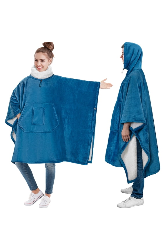 Sherpa Wearable Blanket Poncho for Women Men, Oversized Hoodie Sweatshirt Poncho Blanket, Hooded Sweater Wrap Cape Neck Warmer, Fleece Soft Hug Sleep Pod Adult, Cozy Warm Gift Ideas, Teal Blue