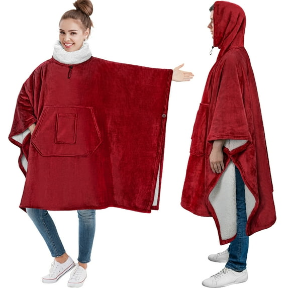 PAVILIA Sherpa Wearable Blanket Poncho Women Men, Oversized Hoodie Sweatshirt Poncho Blanket, Hooded Sweater Wrap Cape Neck Warmer, Fleece Soft Hug Sleep Pod Adult, Cozy Warm Gift Ideas Sister, Red