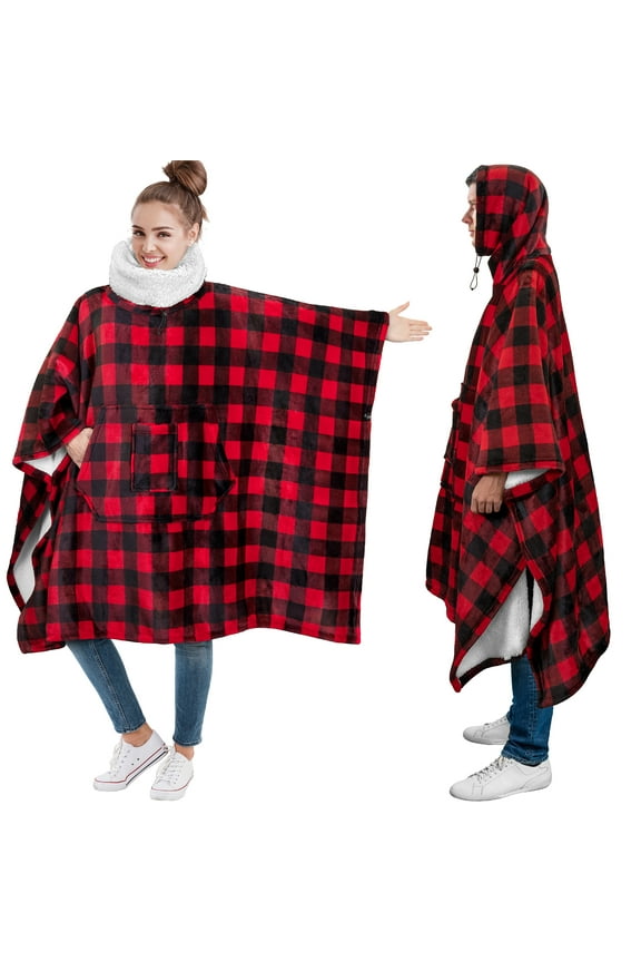 Sherpa Wearable Blanket Poncho Women Men, Oversized Hoodie Sweatshirt Poncho Blanket, Hooded Sweater Wrap Cape Neck Warmer, Fleece Soft Hug Sleep Pod Adult, Cozy Warm Gift Ideas, Checker Red