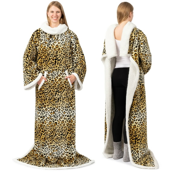 PAVILIA Sherpa Wearable Blanket with Sleeves and Pocket, Plush Thick Cozy Body Blanket Wrap for Adult Women Men, Christmas Gift for Wife Mom, Leopard Cheetah