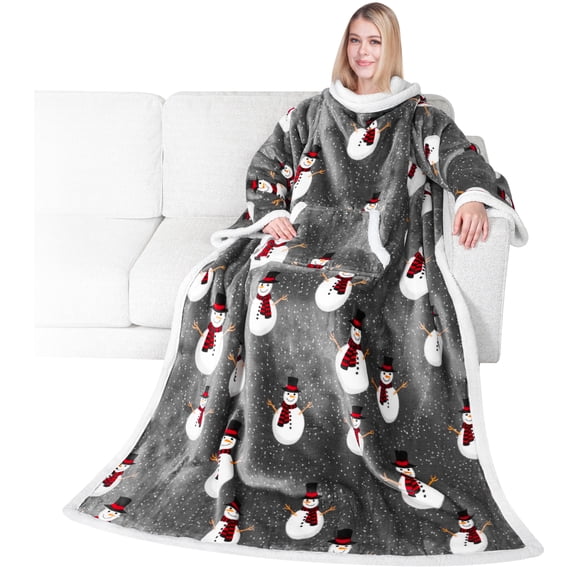 PAVILIA Sherpa Wearable Blanket with Sleeves for Adults Women Men, Soft Warm Full Body Wrap Fleece Throw, Pocket, Cozy Pullover Robe Blanket with Arm, Gifts for Christmas Mom Wife, Snowman