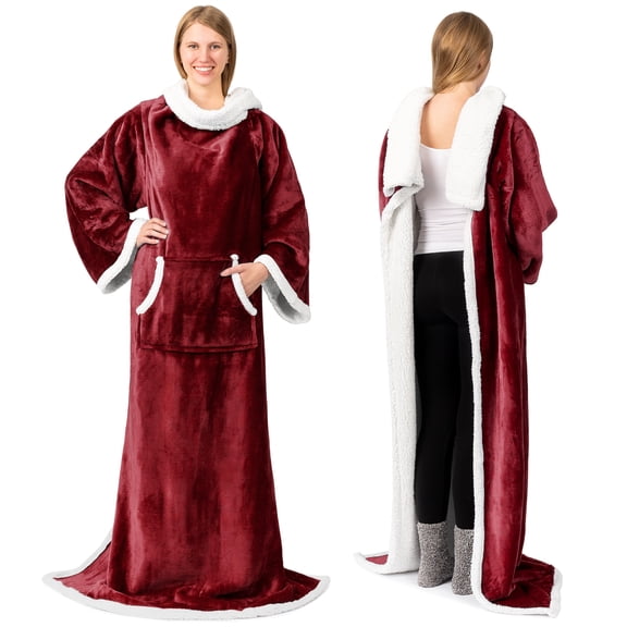 PAVILIA Sherpa Wearable Blanket with Sleeves and Pocket, Plush Thick Cozy Body Blanket Wrap for Adult Women Men, Christmas Gift for Wife Mom, Burgundy Red