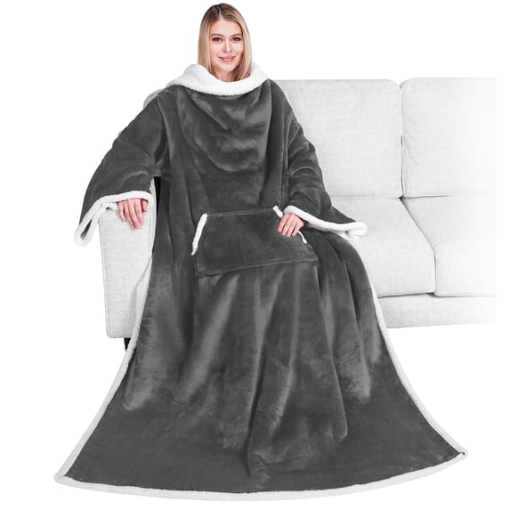 PAVILIA Sherpa Wearable Blanket with Sleeves and Pocket, Plush Thick Cozy Body Blanket Wrap for Adult Women Men, Christmas Gift for Wife Mom, Dark Grey