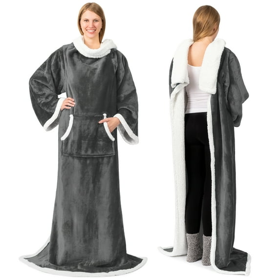 PAVILIA Sherpa Wearable Blanket with Sleeves and Pocket, Plush Thick Cozy Body Blanket Wrap for Adult Women Men, Christmas Gift for Wife Mom, Dark Grey