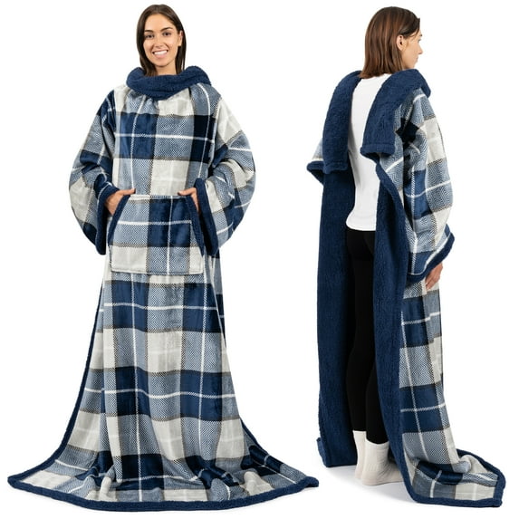 PAVILIA Sherpa Wearable Blanket with Sleeves and Pocket, Plush Thick Cozy Body Blanket Wrap for Adult Women Men, Christmas Gift for Wife Mom, Plaid Navy Blue