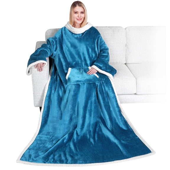 PAVILIA Sherpa Wearable Blanket with Sleeves and Pocket, Plush Thick Cozy Body Blanket Wrap for Adult Women Men, Christmas Gift for Wife Mom, Teal Blue