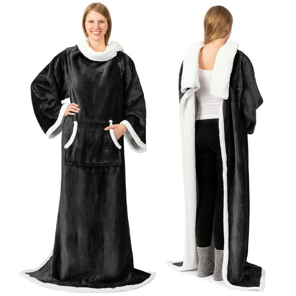 PAVILIA Sherpa Wearable Blanket with Sleeves and Pocket, Plush Thick Cozy Body Blanket Wrap for Adult Women Men, Christmas Gift for Wife Mom, Black