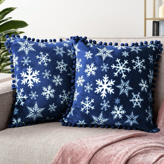 PAVILIA Snowflake Blue Throw Pillow Covers with Pom Pom 18x18 Set of 2, Christmas Decorative Pillow Cases for Bedroom, Holiday Small Pillows Set for Bed, Velvet Winter Plush Cushion Covers Sofa Couch