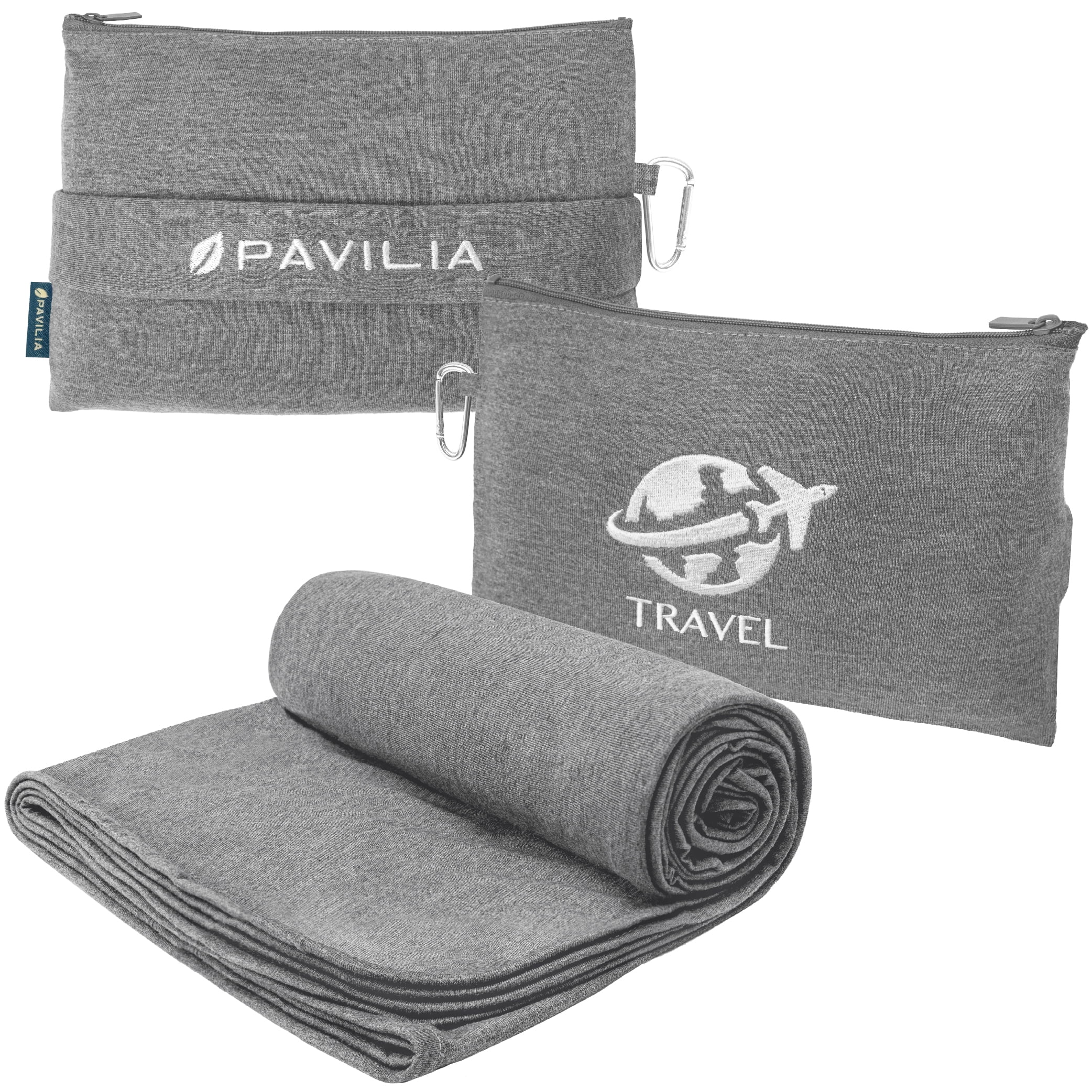 PAVILIA Soft Compact Travel Blanket and Pillow, Foldable Airplane Blanket in Bag, Lightweight Portable Flight Blanket Set with Luggage Strap, Camping Plane Car Home Office Gift Accessories, Gray