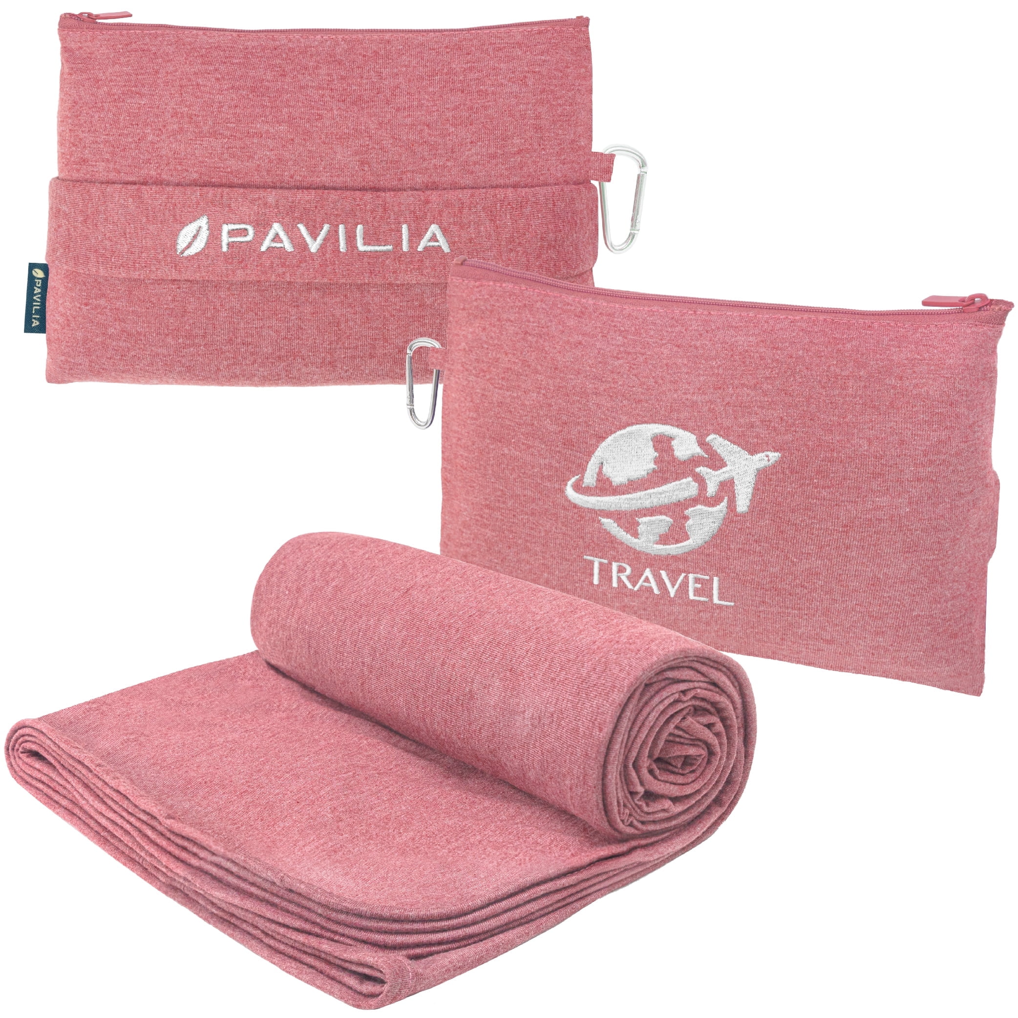 PAVILIA Soft Compact Travel Blanket and Pillow, Foldable Airplane Blanket in Bag, Lightweight Portable Flight Blanket Set with Luggage Strap, Camping Plane Car Home Office Gift Accessories, Pink