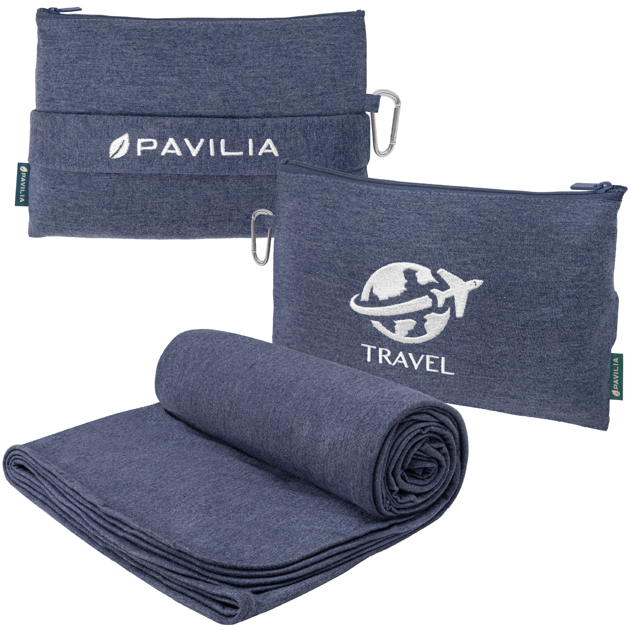 PAVILIA Soft Compact Travel Blanket and Pillow, Foldable Airplane Blanket in Bag, Lightweight Portable Flight Blanket Set with Luggage Strap, Camping Plane Car Home Office Gift Accessories, Navy Blue
