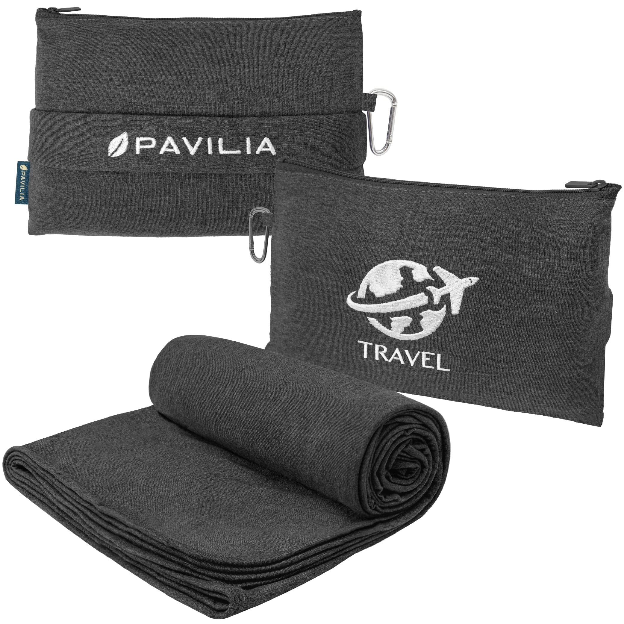 PAVILIA Soft Compact Travel Blanket and Pillow, Foldable Airplane Blanket in Bag, Lightweight Portable Flight Blanket Set with Luggage Strap, Camping Plane Car Home Office Gift Accessories, Black
