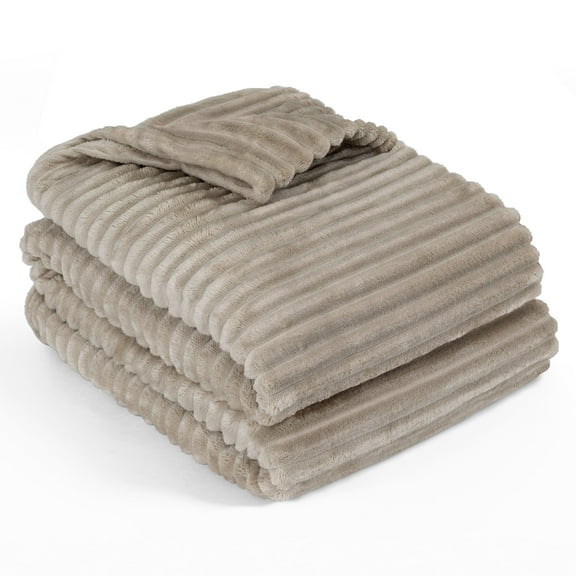 PAVILIA Soft Fleece King Bed Blanket Taupe Tan Camel, Large Fuzzy Plush Flannel Throw, Warm Cozy Ribbed Microfiber Blanket for Sofa Couch, Lightweight Striped Blanket, Taupe, 108x90