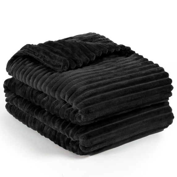 PAVILIA Soft Fleece Queen Bed Blanket Black, Large Fuzzy Plush Flannel Throw, Warm Cozy Ribbed Microfiber Blanket for Sofa Couch, Lightweight Striped Blanket, Black, 90x90