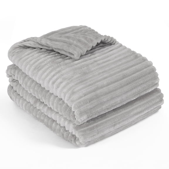 PAVILIA Soft Fleece Queen Bed Blanket Light Grey, Large Fuzzy Plush Flannel Throw, Warm Cozy Ribbed Microfiber Blanket for Sofa Couch, Lightweight Striped Blanket, Gray, 90x90