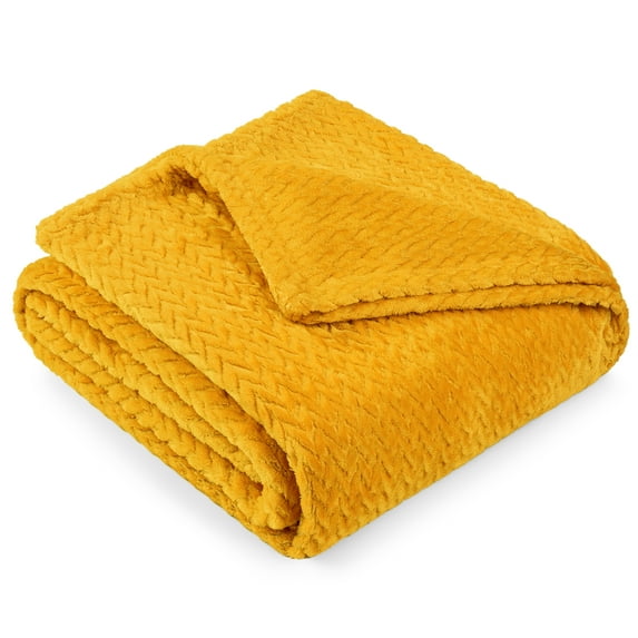 PAVILIA Soft Fleece Yellow Throw Blanket for Couch, Lightweight Plush Warm Blankets for Bed, Fuzzy Cozy Flannel Blanket Throw for Sofa, Travel, Jacquard Pattern, Mustard Yellow, Twin, 60x80 inch
