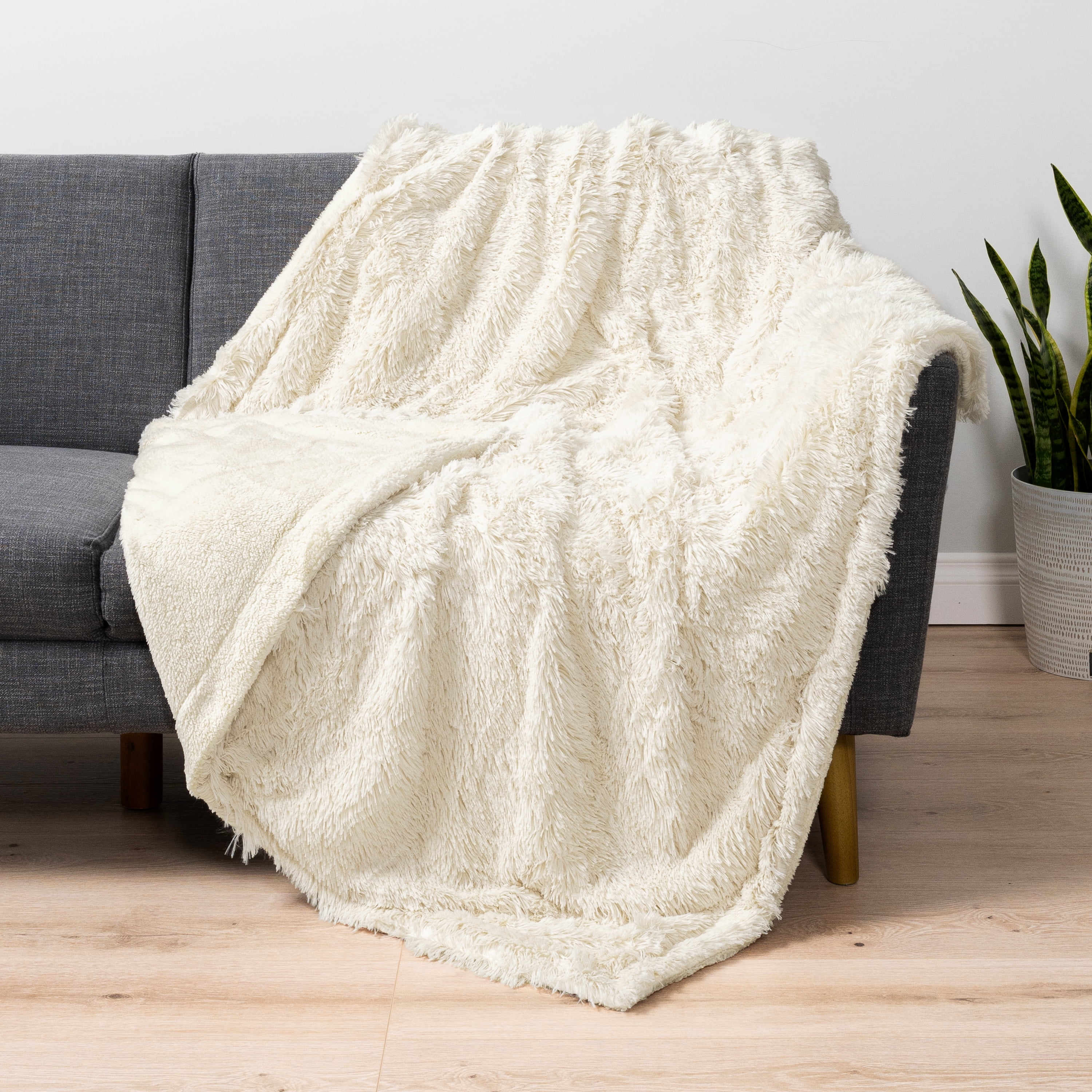 Cream Twin Faux Fur Sherpa Reversible Throw Blanket