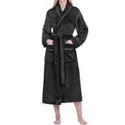 PAVILIA Plush Fleece Robe for Women, Soft Cozy Long Bathrobe with Satin Waffle Trim, Warm Lightweight Spa Robe, Housecoat with Pockets & Tie Belt, Black, S/M