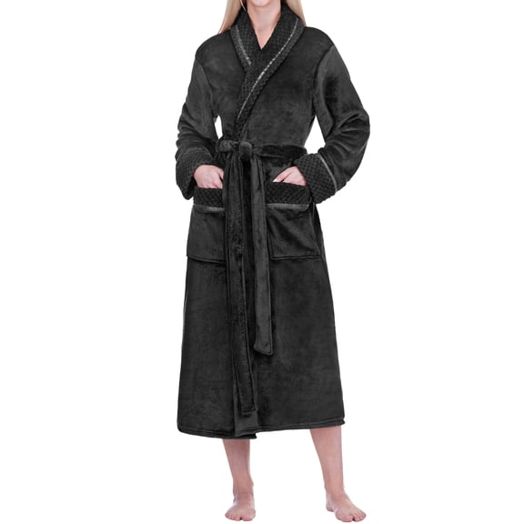 PAVILIA Soft Plush Women Fleece Robe, Black Cozy Bathrobe, Female Long Spa Robe, Warm Housecoat, Satin Waffle Trim, S/M
