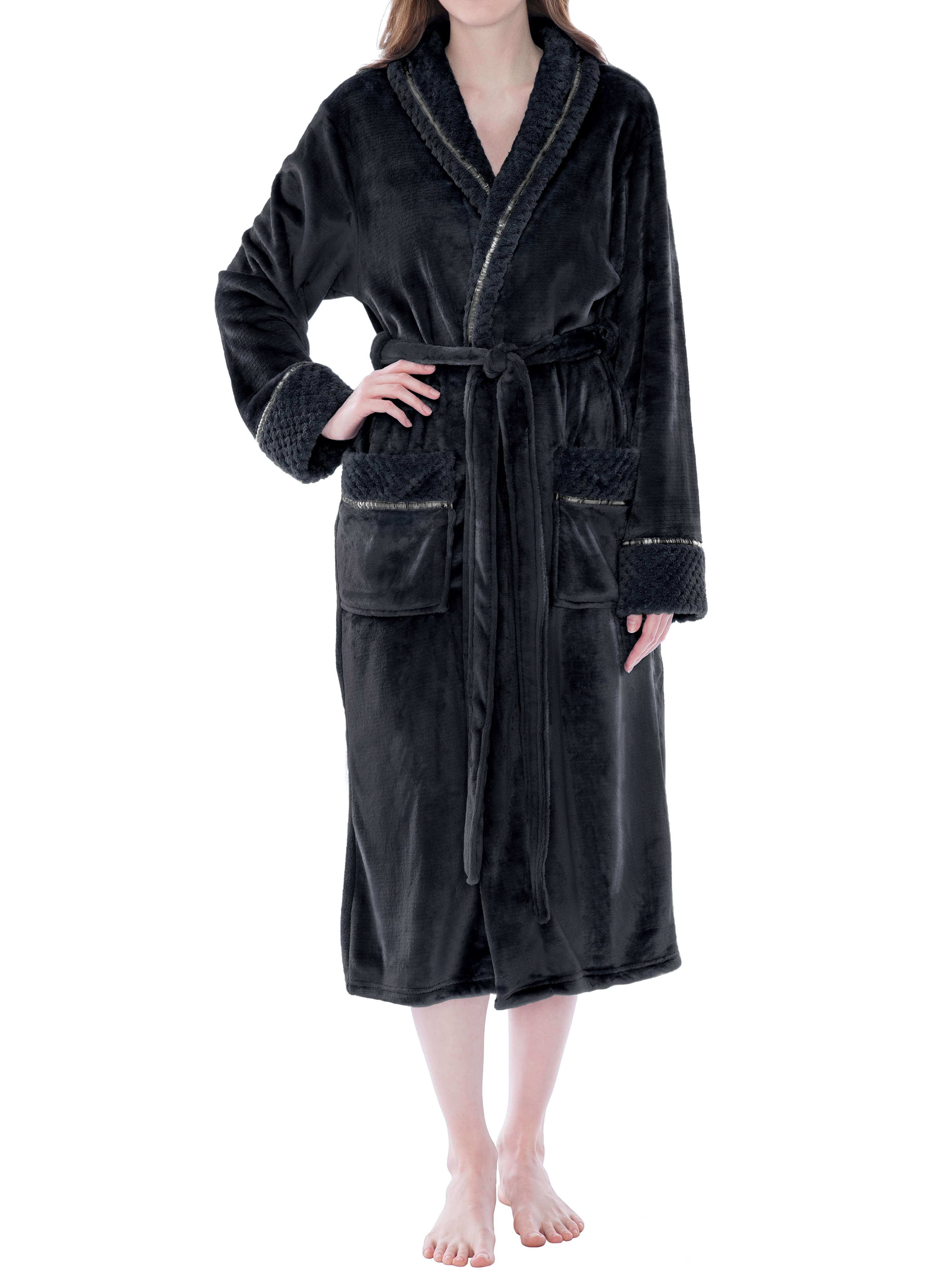 PAVILIA Soft Plush Women Fleece Robe, Black Cozy Bathrobe, Female Long Spa Robe, Warm Housecoat, Satin Waffle Trim, S/M - image 1 of 8