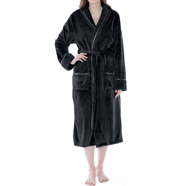 PAVILIA Soft Plush Women Fleece Robe, Black Cozy Bathrobe, Female Long Spa Robe, Warm Housecoat, Satin Waffle Trim, S/M