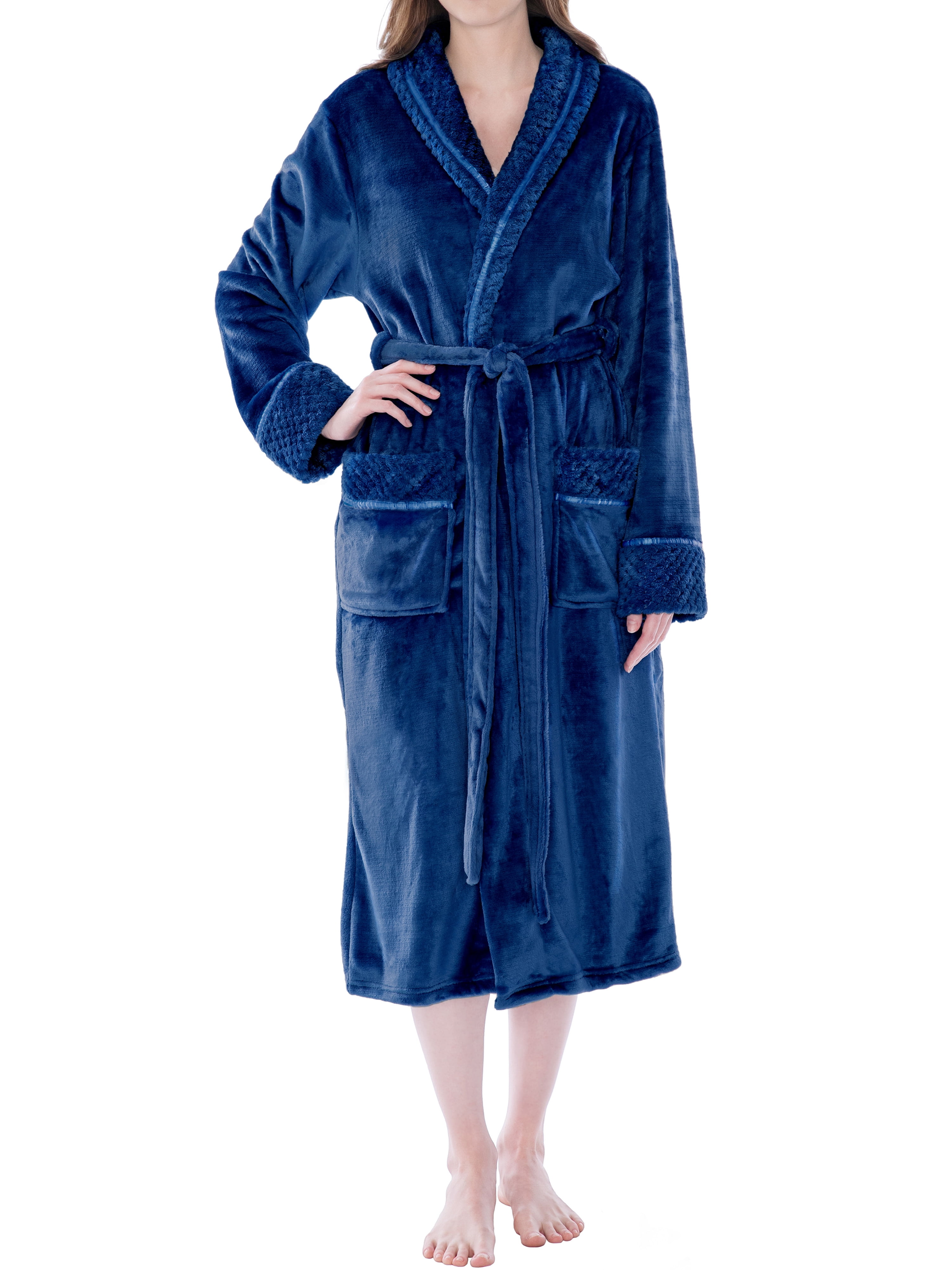 PAVILIA Soft Plush Women Fleece Robe, Black Cozy Bathrobe, Female Long Spa  Robe, Warm Housecoat, Satin Waffle Trim, S/M 
