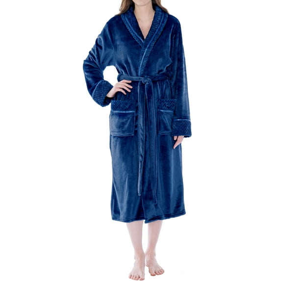 PAVILIA Soft Plush Women Fleece Robe, Blue Cozy Bathrobe, Female Long Spa Robe, Warm Housecoat, Satin Waffle Trim, L/XL