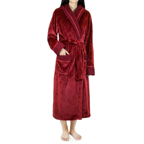 PAVILIA Soft Plush Women Fleece Robe, Burgundy Wine Red Cozy Bathrobe, Female Long Spa Robe, Warm Housecoat, Satin Waffle Trim, L/XL