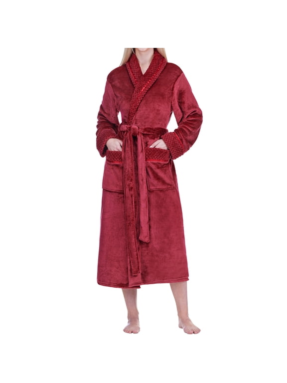 Womens Plush Fleece Robe, Soft Cozy Long Bathrobe, Maroon Red L/XL